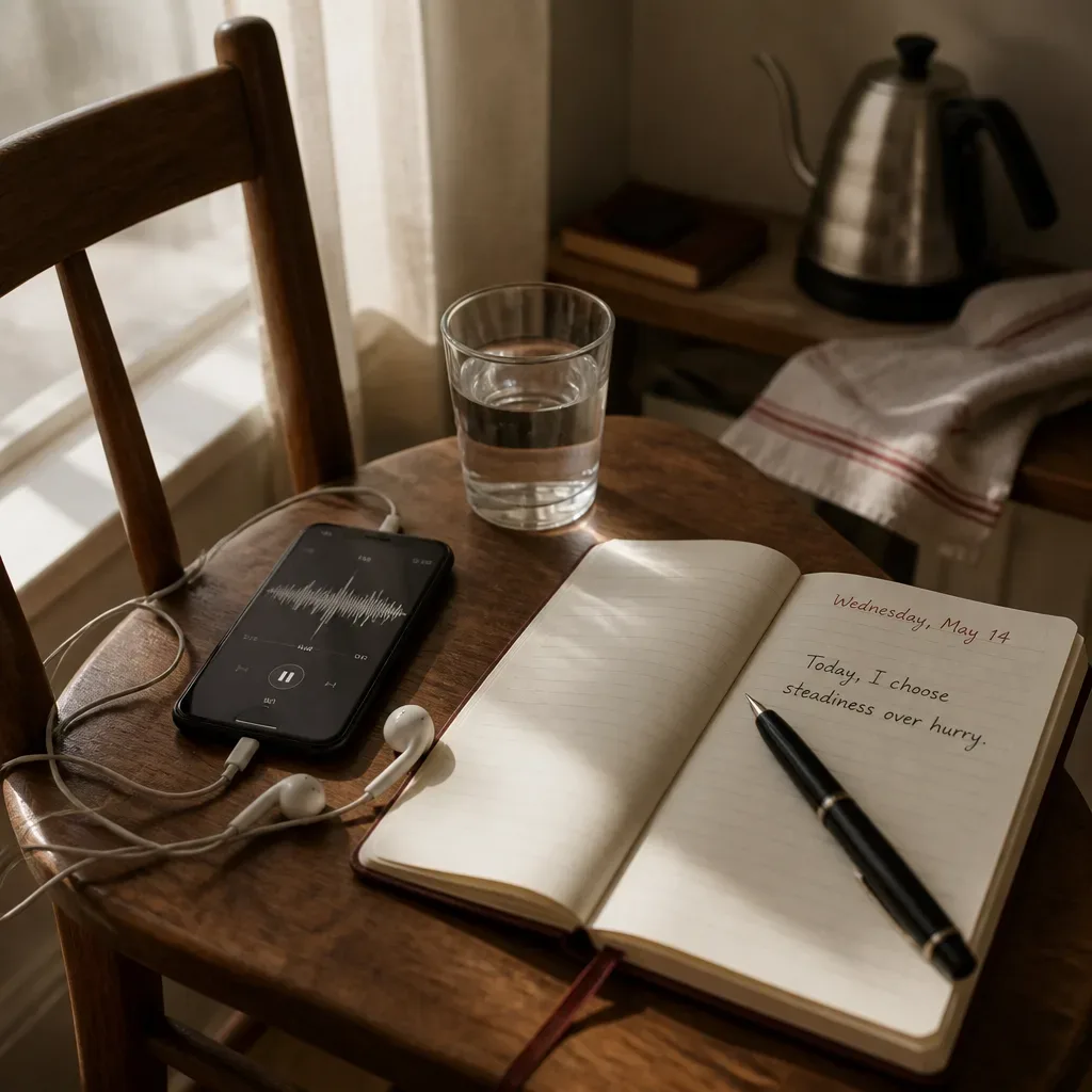 Cuaderno y audífonos preparados para audio de Yo Soñado