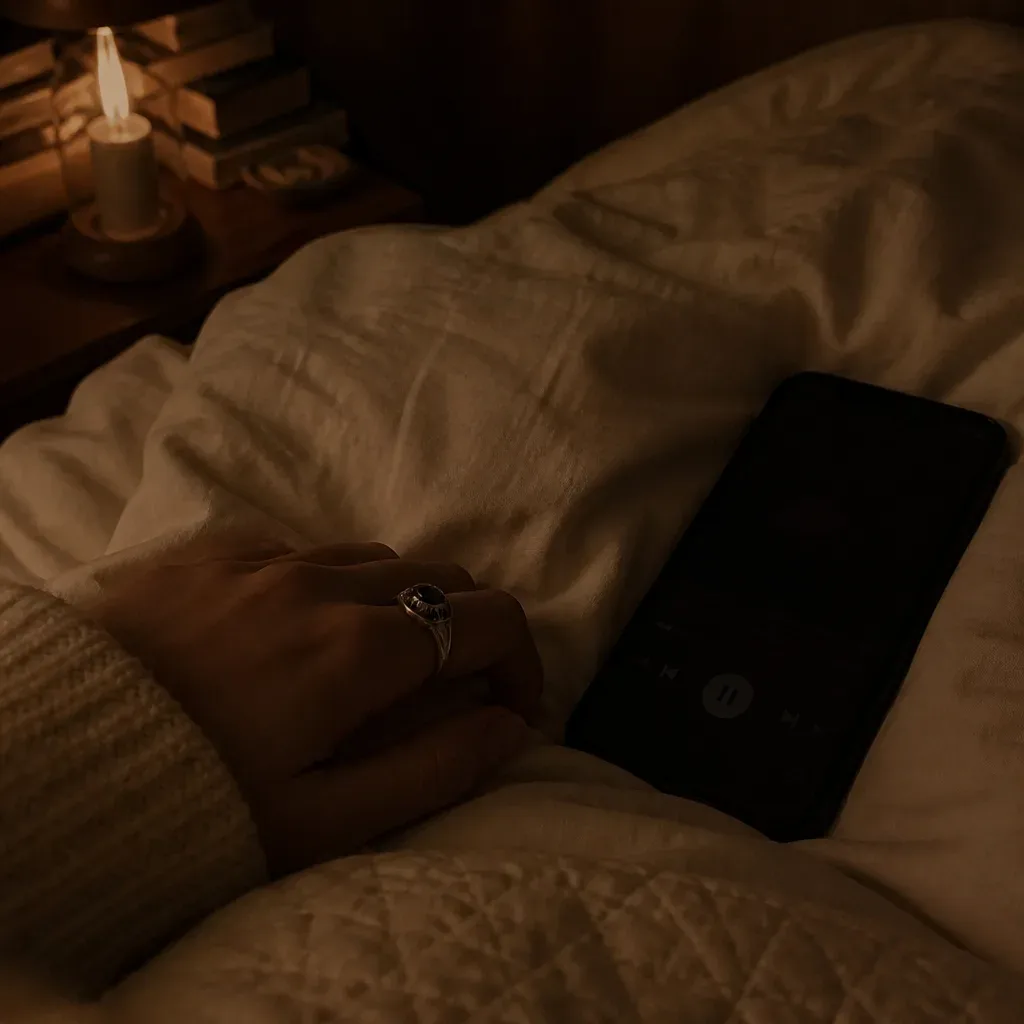 Hand beside dim phone during midnight audio