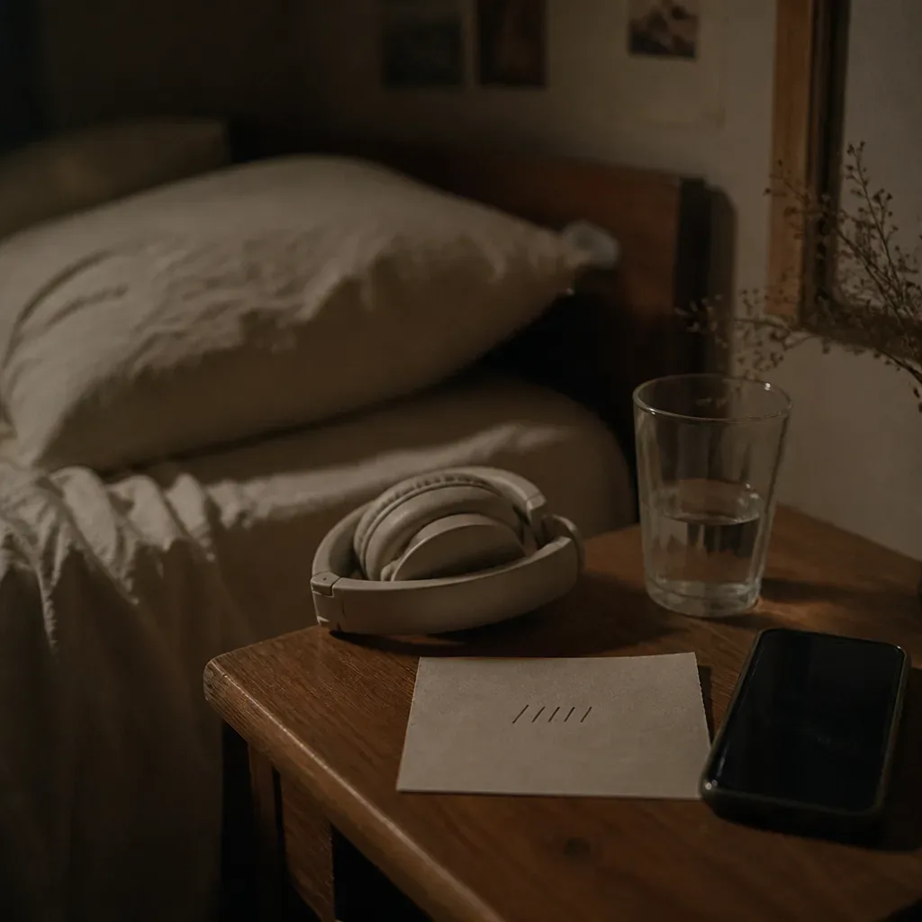 Nightstand prepared with headphones and water