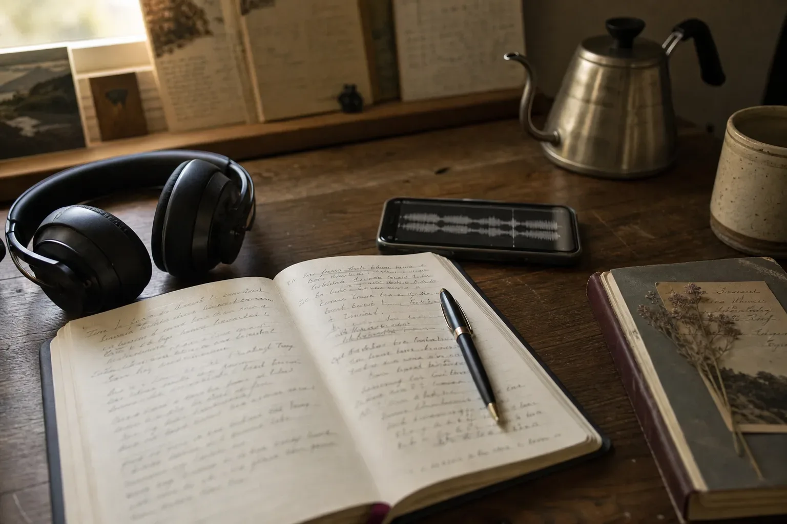 Notebook and headphones beside a morning kettle
