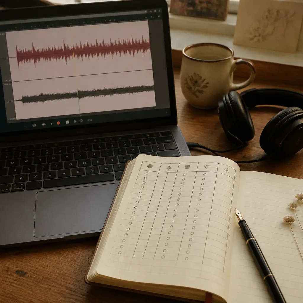 Audio tracks tested beside a notebook