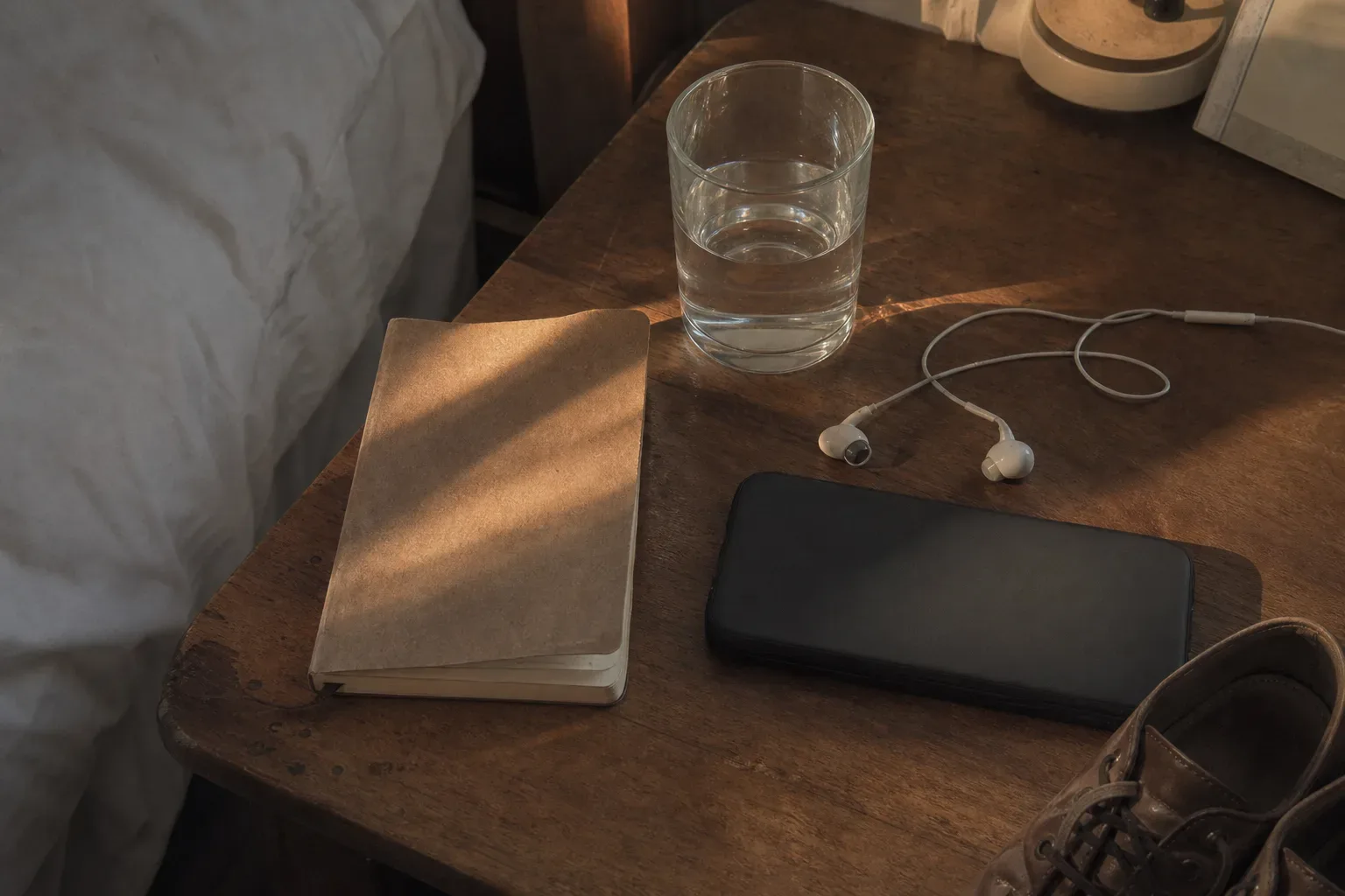 Quiet bedside table with phone and morning light