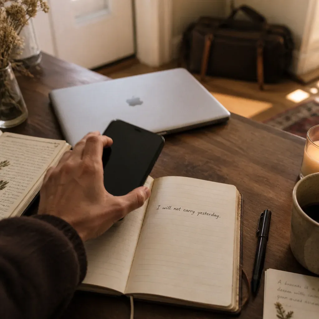 Phone set aside beside one written action