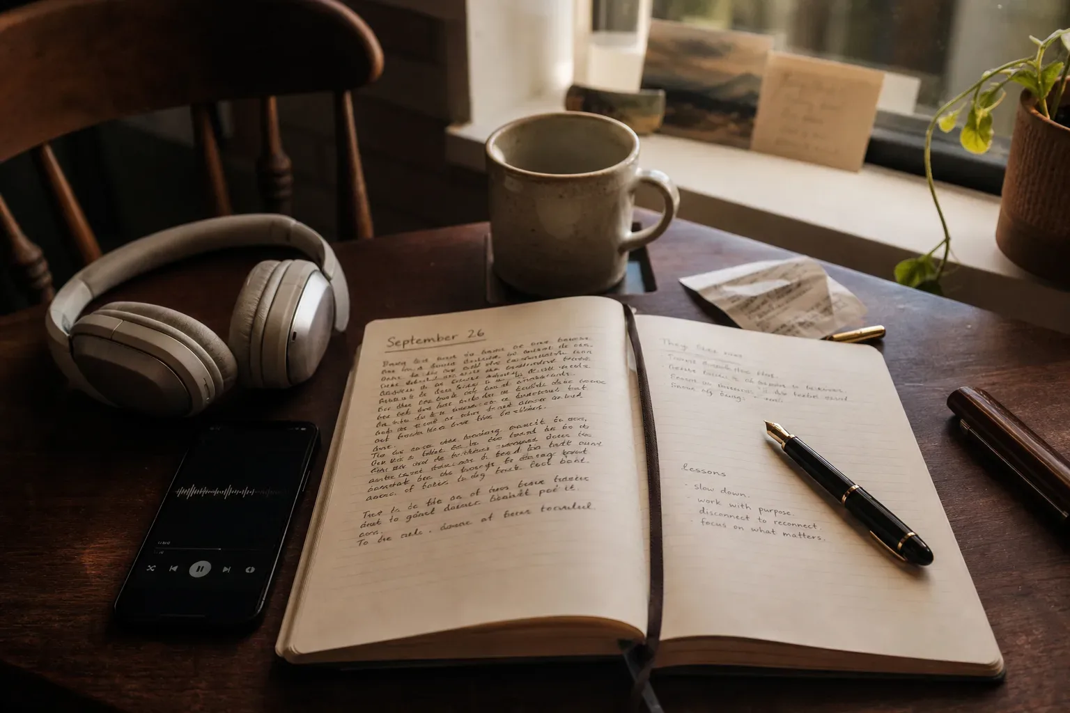 Desk with headphones, journal, and soft morning light