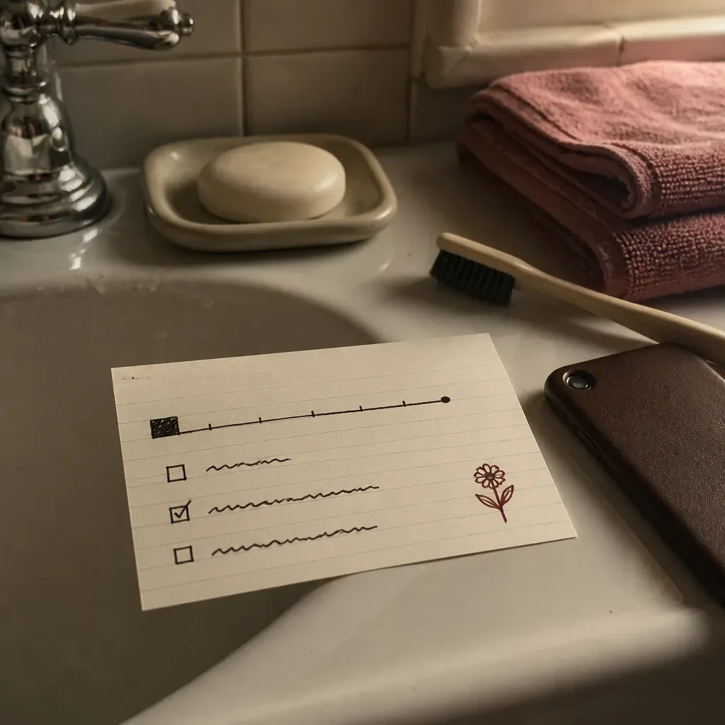 Index card beside phone on bathroom sink