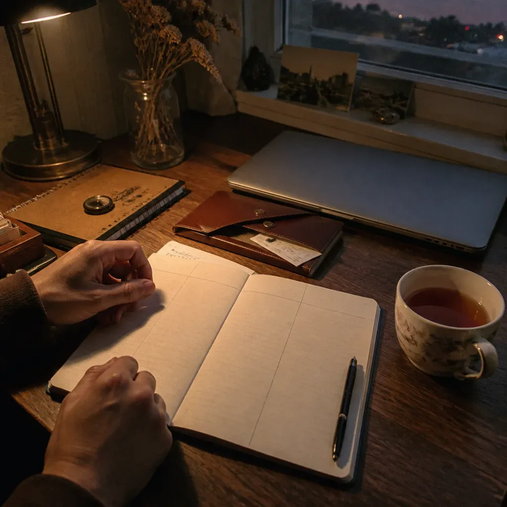 Notebook review beside receipts and tea