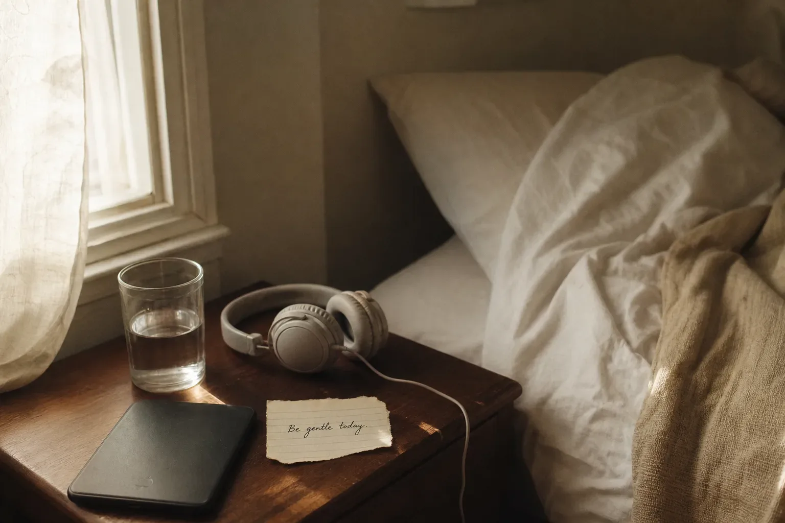Comodino tranquillo con telefono e luce del mattino