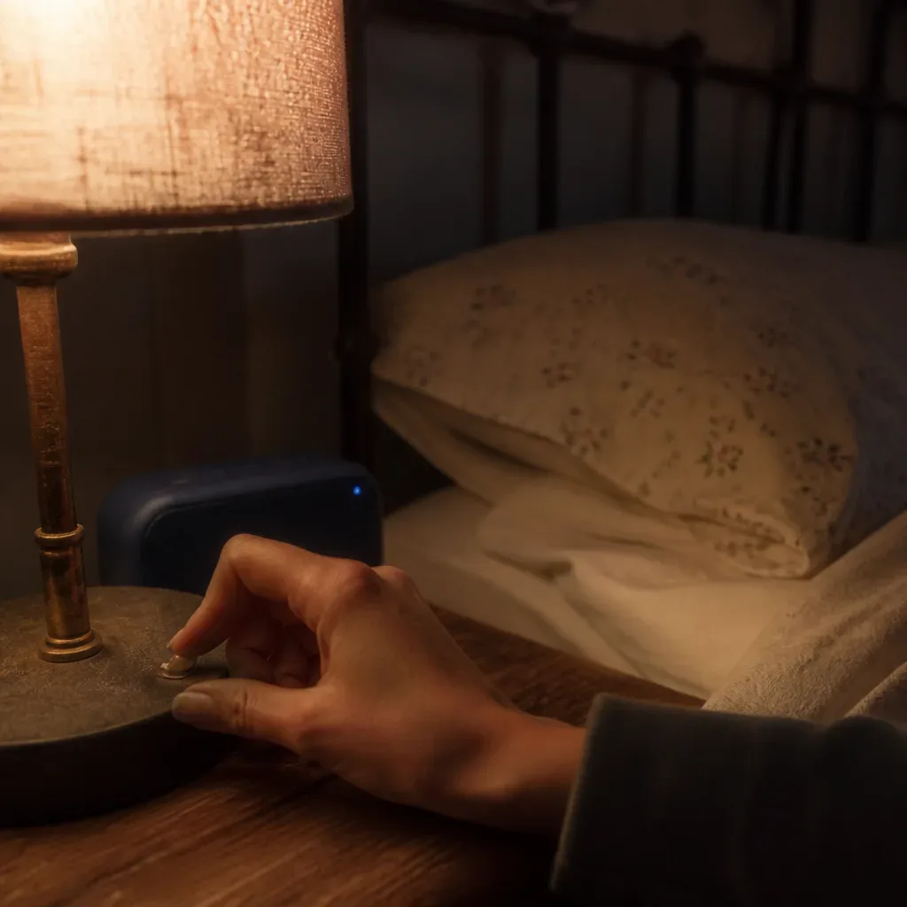 Hand switching off bedside lamp before audio