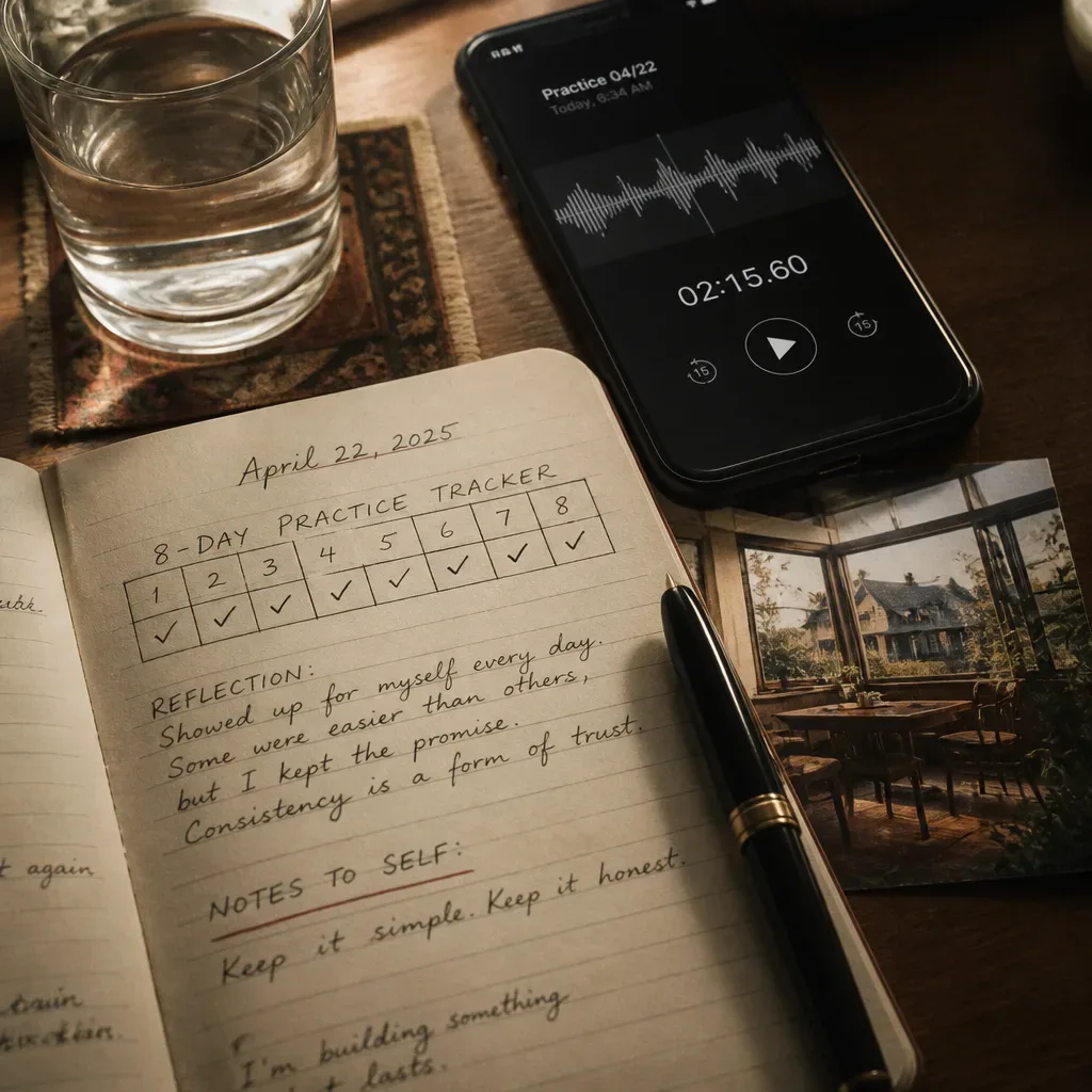 Eight day practice tracker beside phone audio