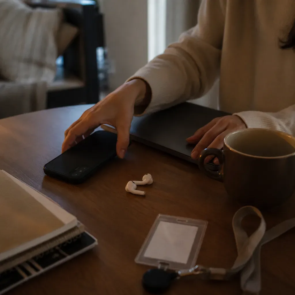 Phone face down beside closed laptop and earbuds
