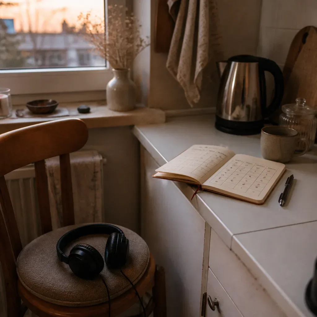 Headphones on kitchen chair beside evening kettle