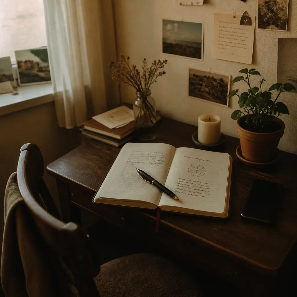 Journal and quiet board beside a closed phone