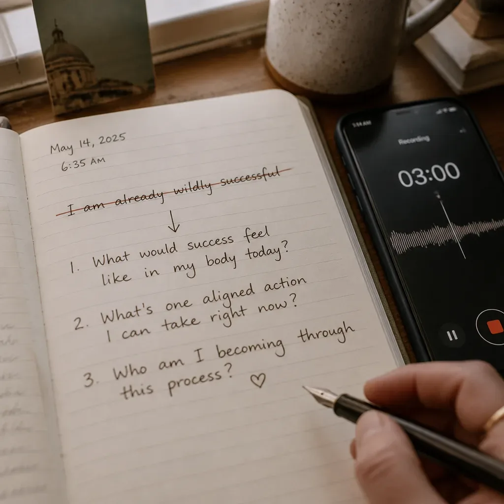 Notizbuch, das Affirmationen in sanfte Fragen umschreibt