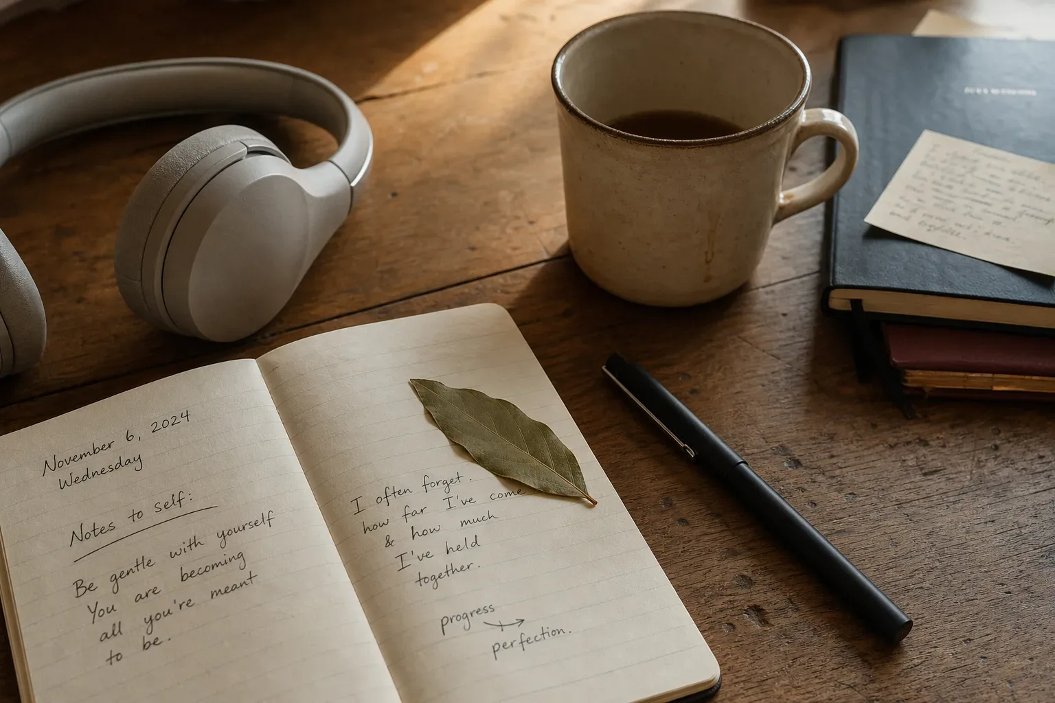 Bay leaf beside headphones and a morning cup