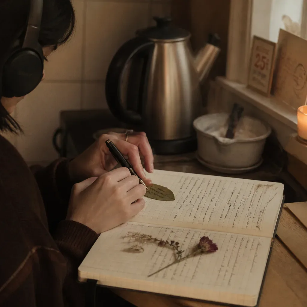 Hands pause beside headphones and a bay leaf