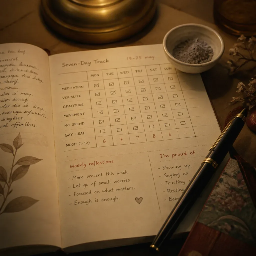 Seven-day ritual tracker beside bay leaf ash
