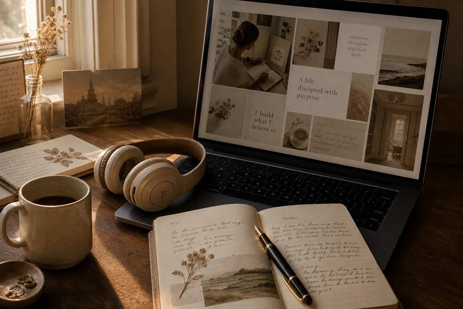Laptop mostrando um quadro de visão no Canva ao lado de fones de ouvido