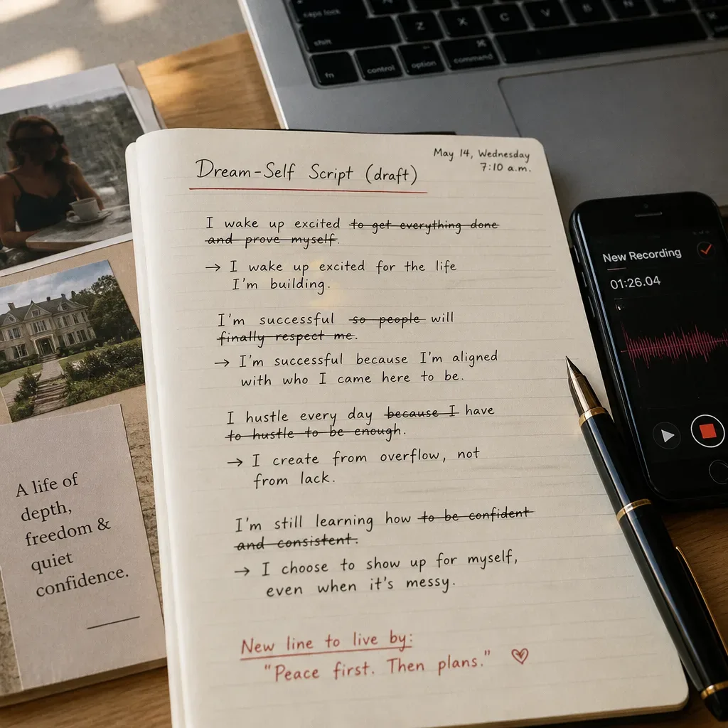 Roteiro manuscrito do Eu dos Sonhos ao lado de um celular gravando