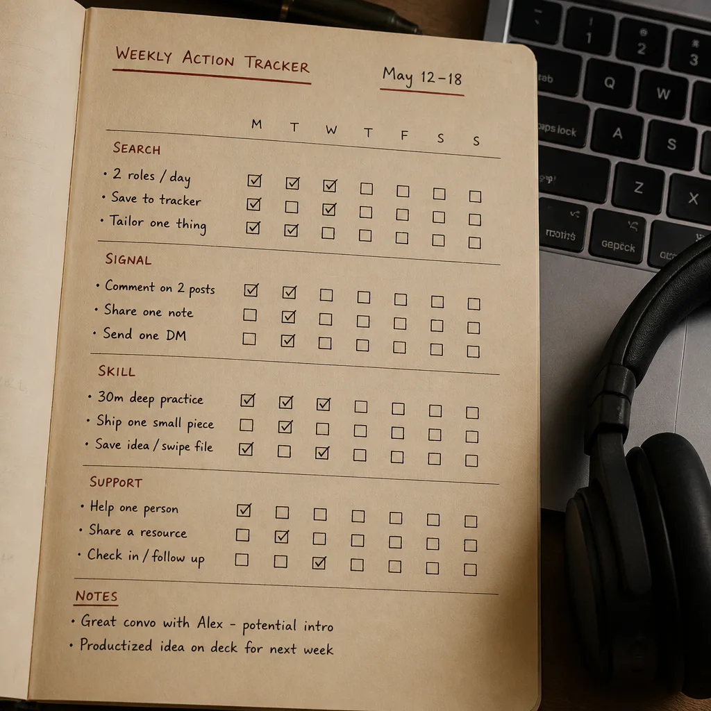 Weekly career action tracker beside headphones