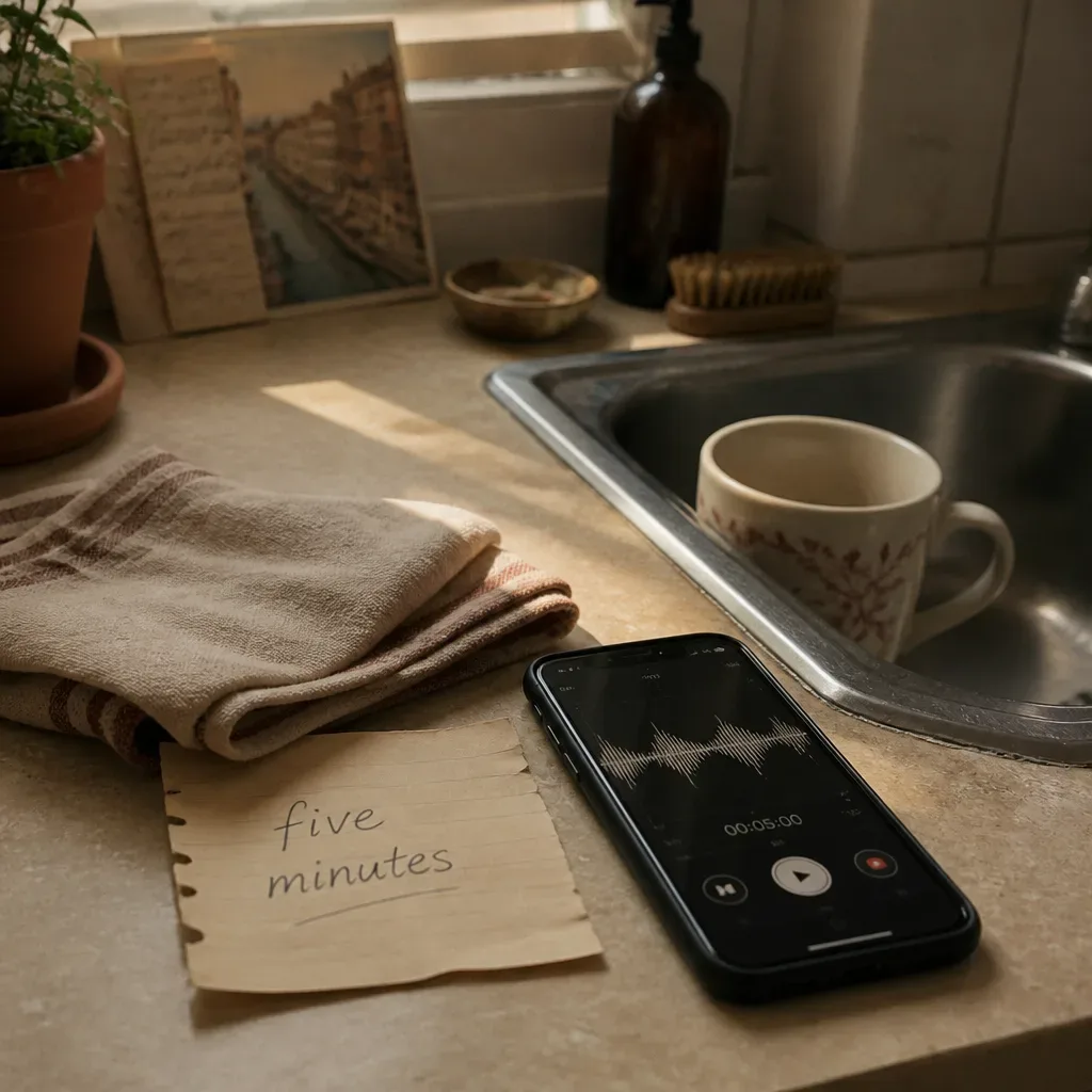 Tuch, Handy und Tasse für eine Fünf-Minuten-Praxis