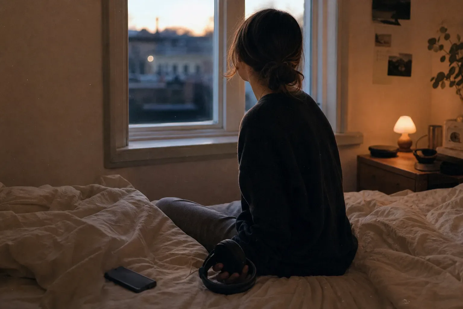 Person resting beside phone and headphones at dusk