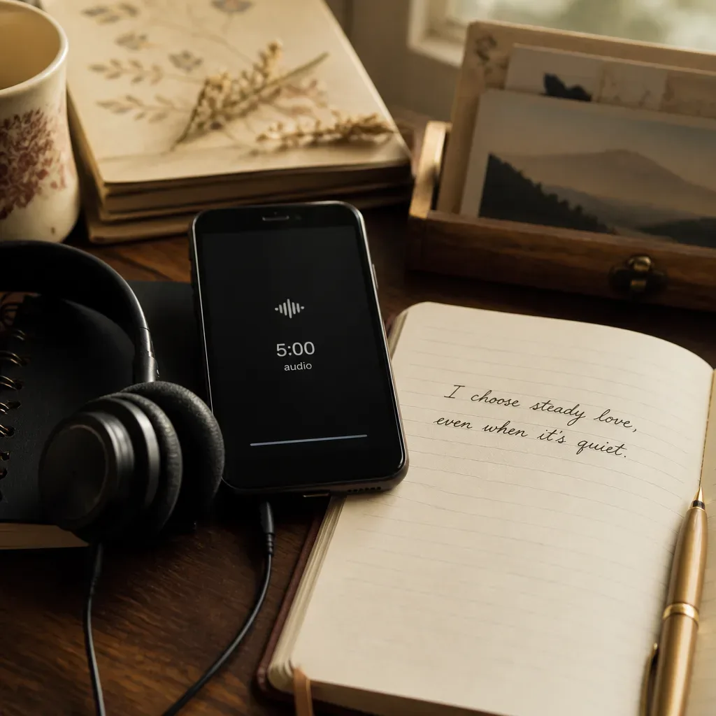 Phone playing a short love audio beside headphones