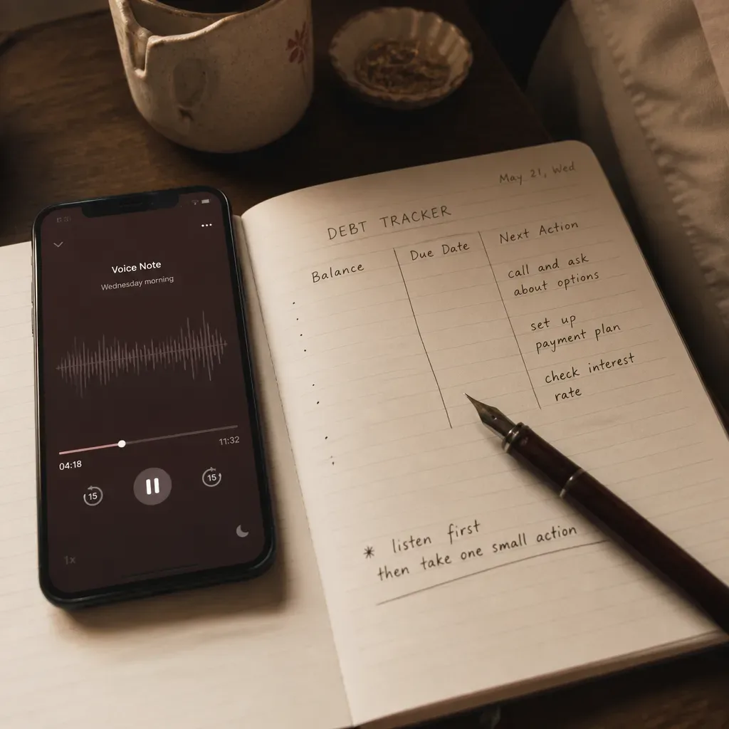 Phone audio beside a handwritten debt tracker