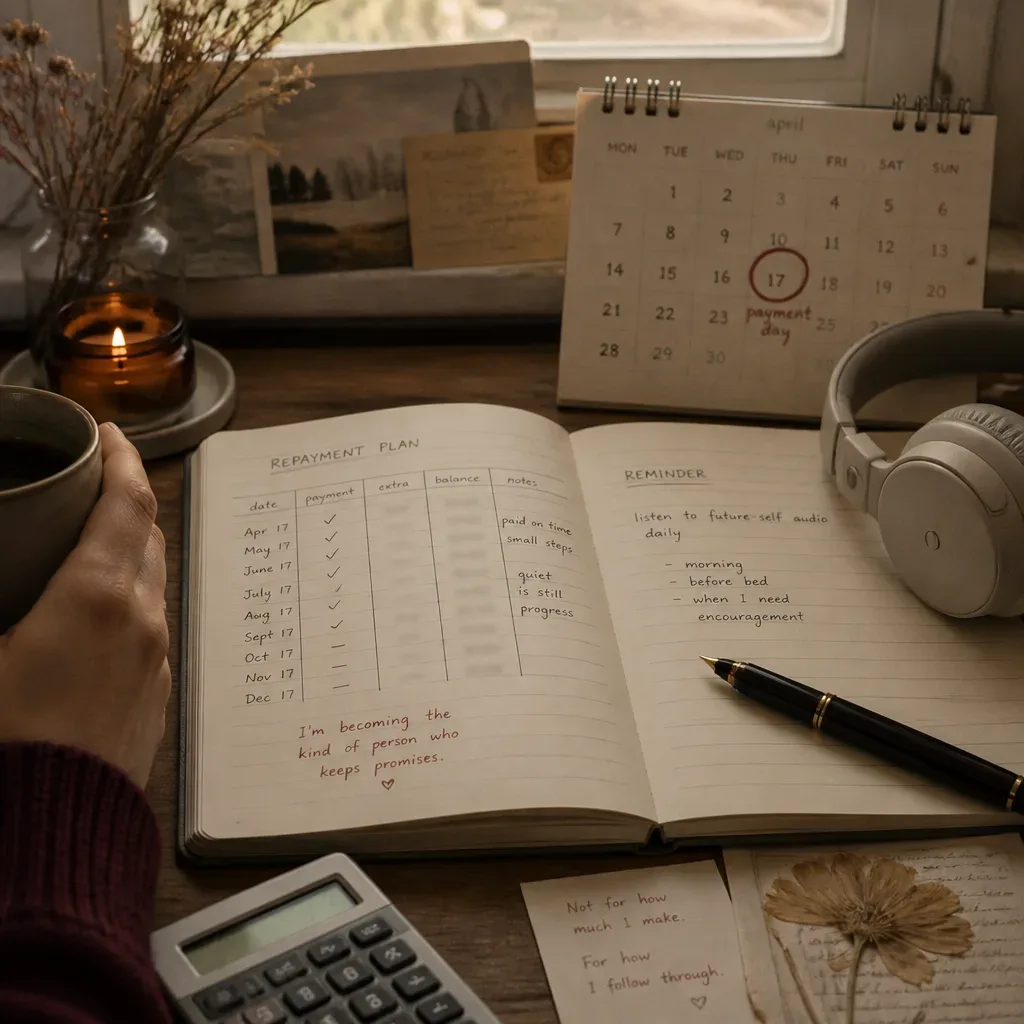 Repayment plan notebook with headphones nearby
