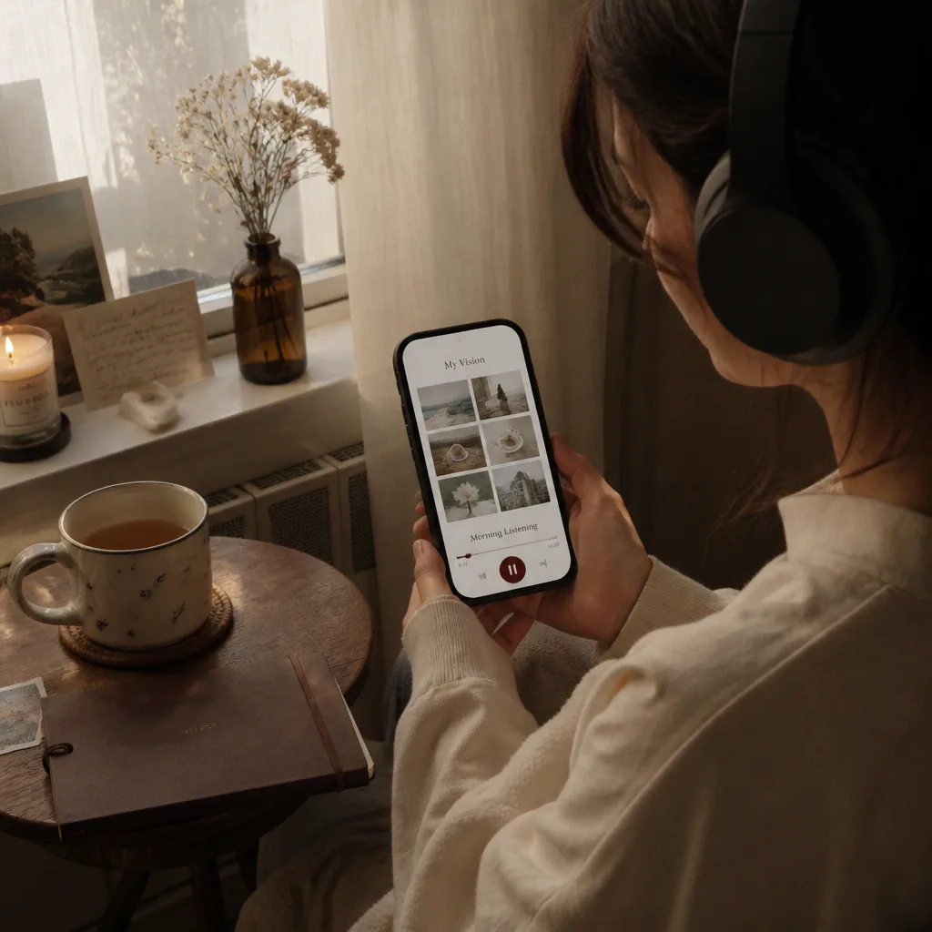 Person listening beside a vision board app
