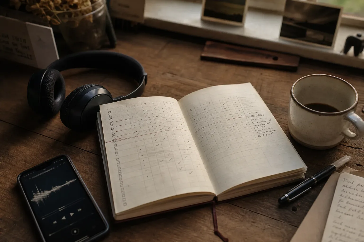 Buku catatan, headphone, dan kopi di meja pagi
