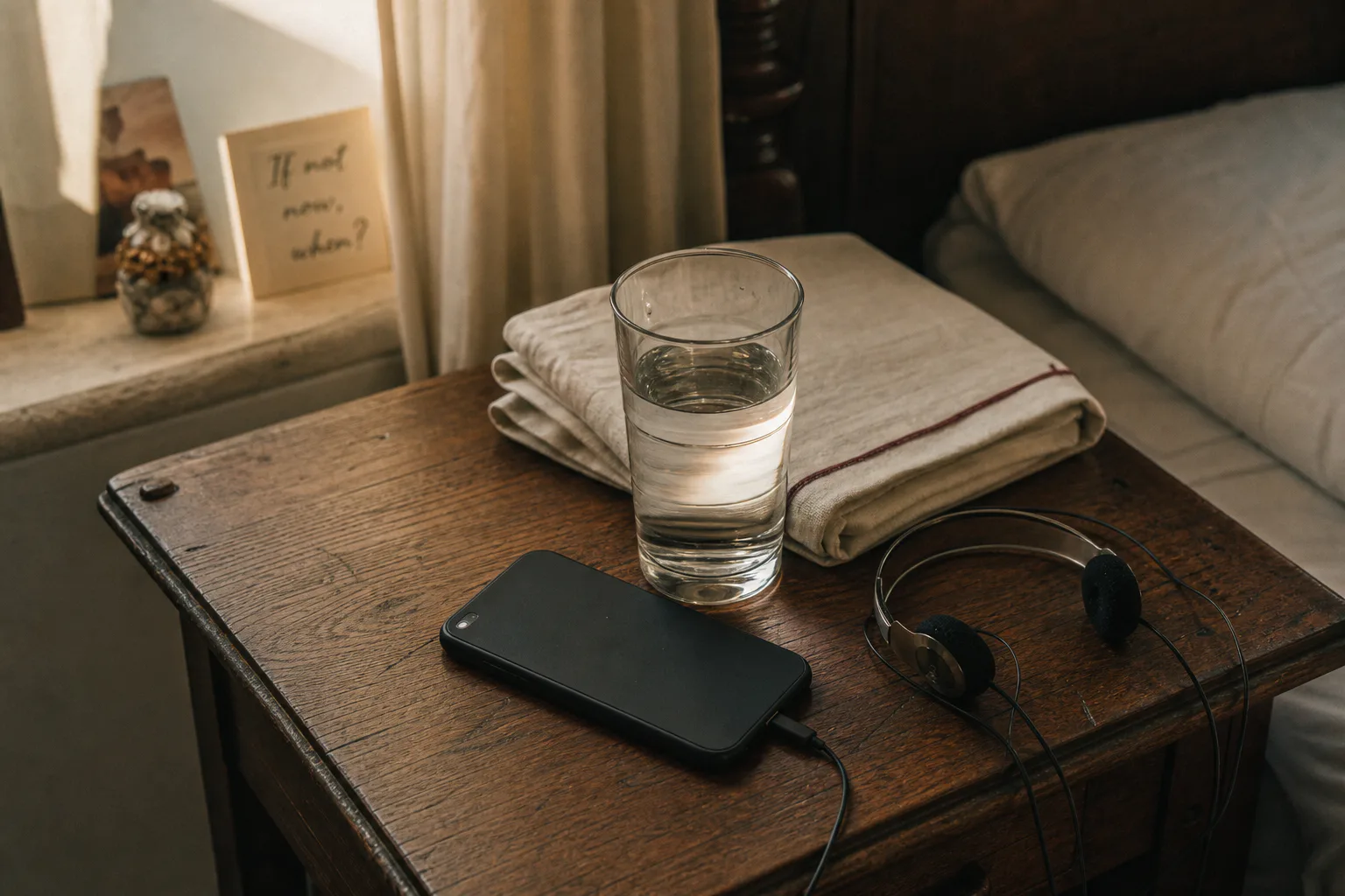 Teléfono tranquilo en la mesa de noche con audífonos al amanecer
