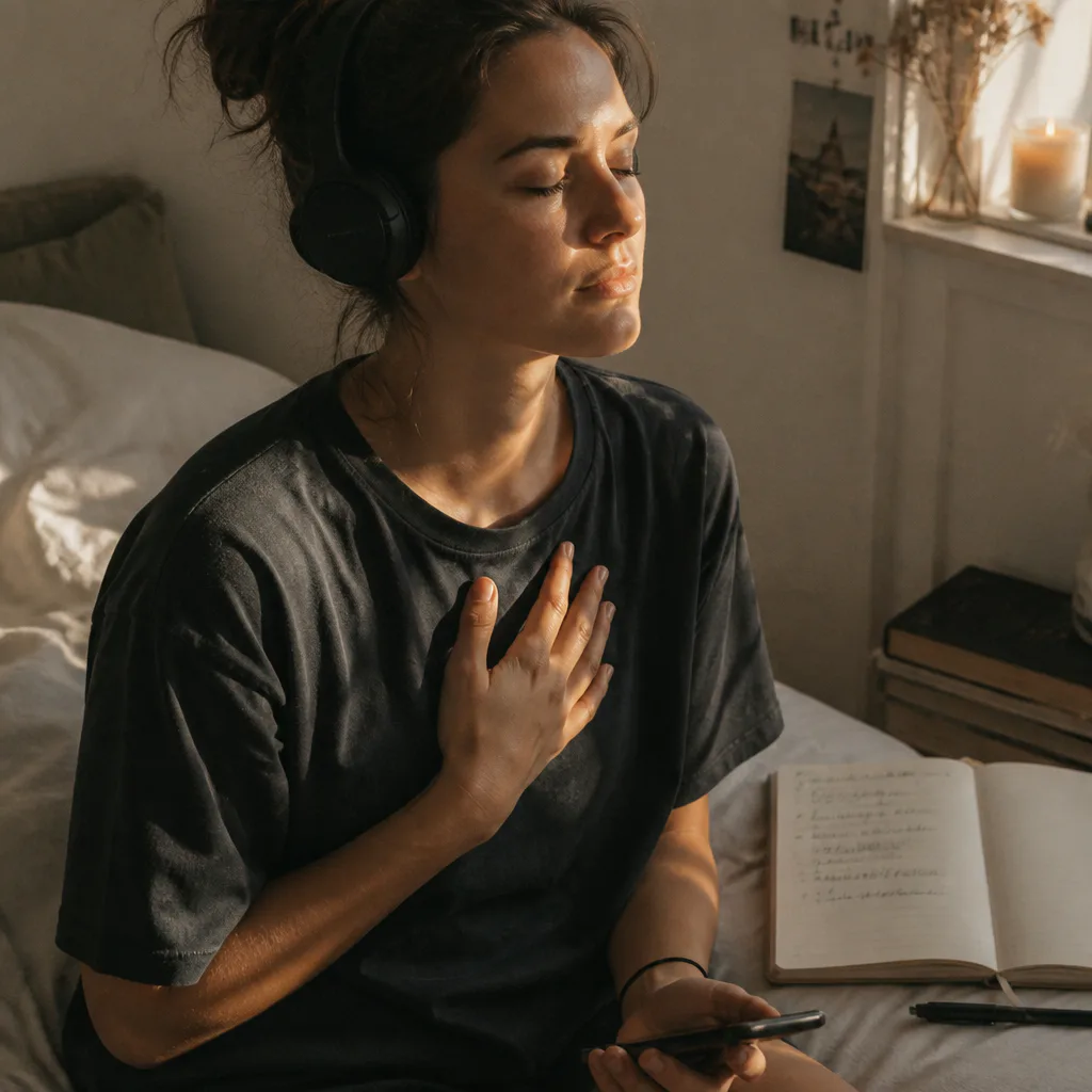 Person listening quietly to future self audio