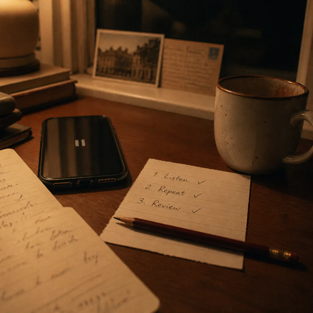 Evening table with phone and simple practice notes