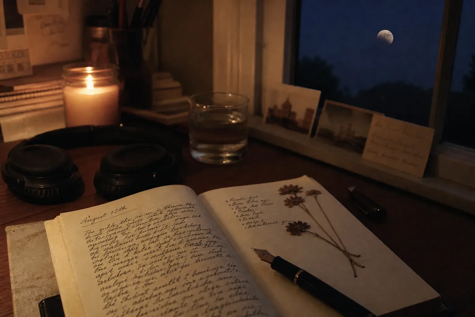 Diario iluminado por una vela junto a audífonos durante un eclipse