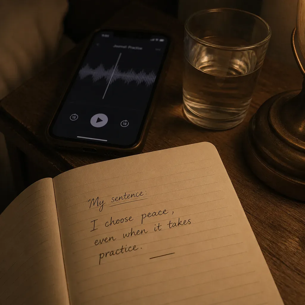 Notebook with one affirmation beside a phone