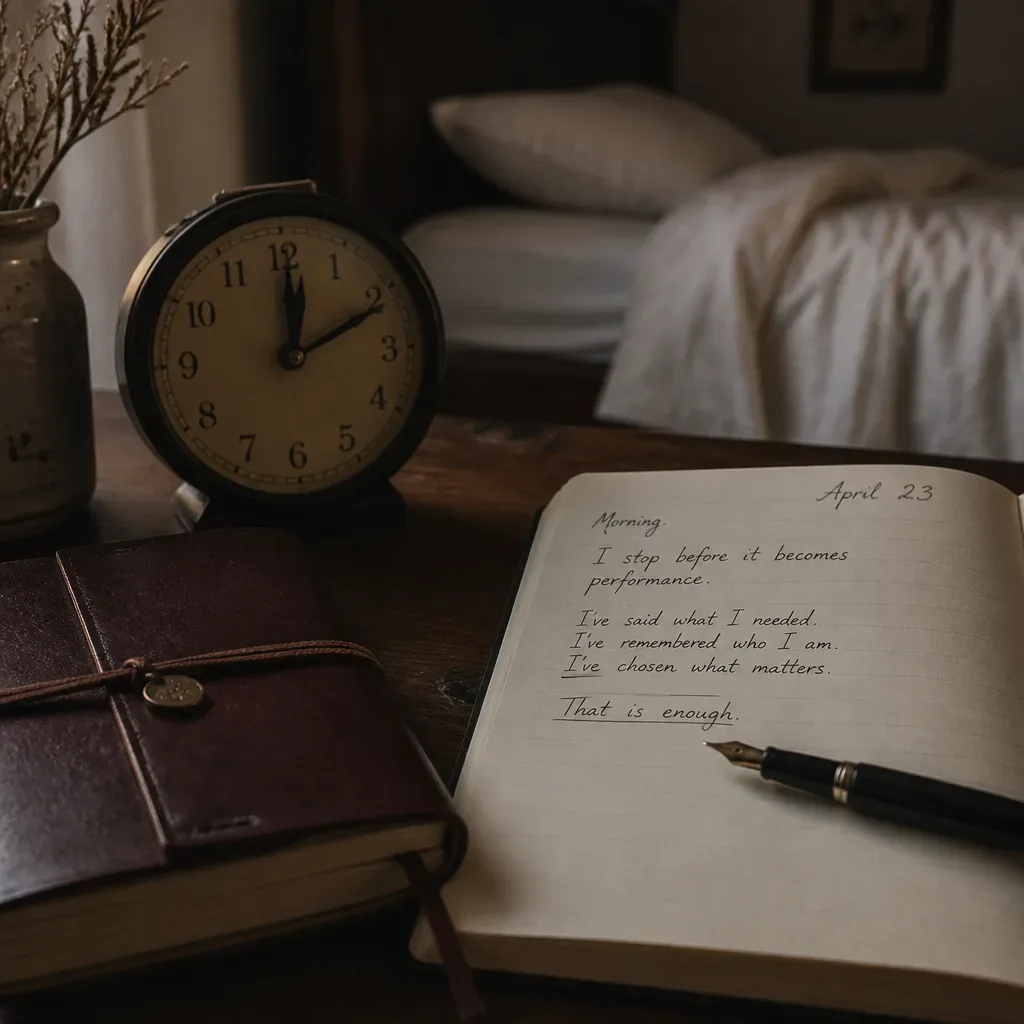 Clock and journal on a quiet nightstand