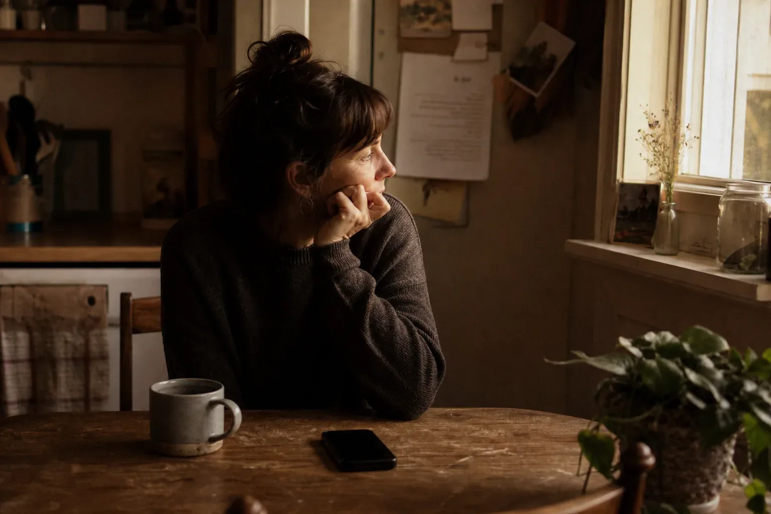 Quiet family kitchen with one person listening inward