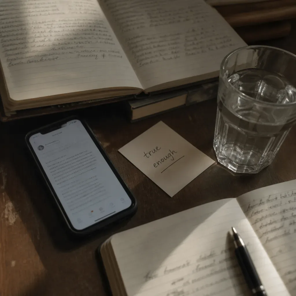 Posted phone beside handwritten note on desk