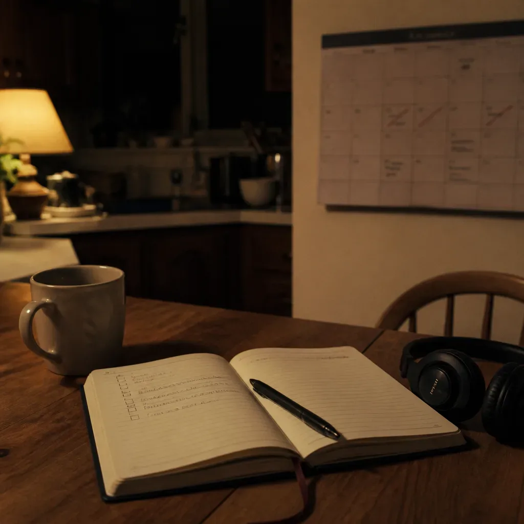 Night table with checklist and headphones