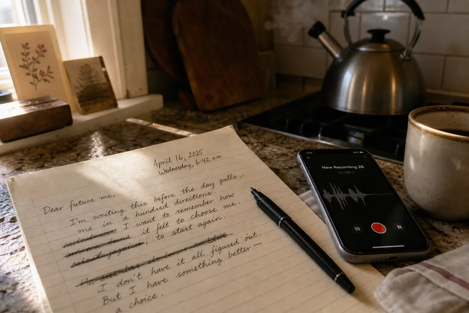 Notebook beside phone recording a quiet future self letter