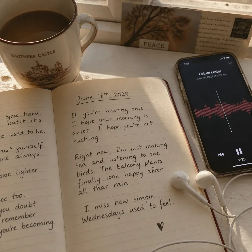 Notebook letter beside phone audio waveform