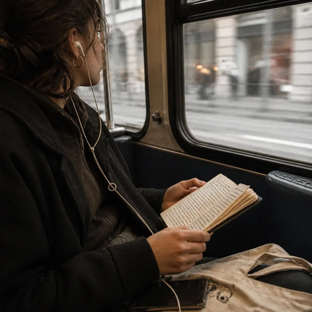 Person listening to future self audio on bus