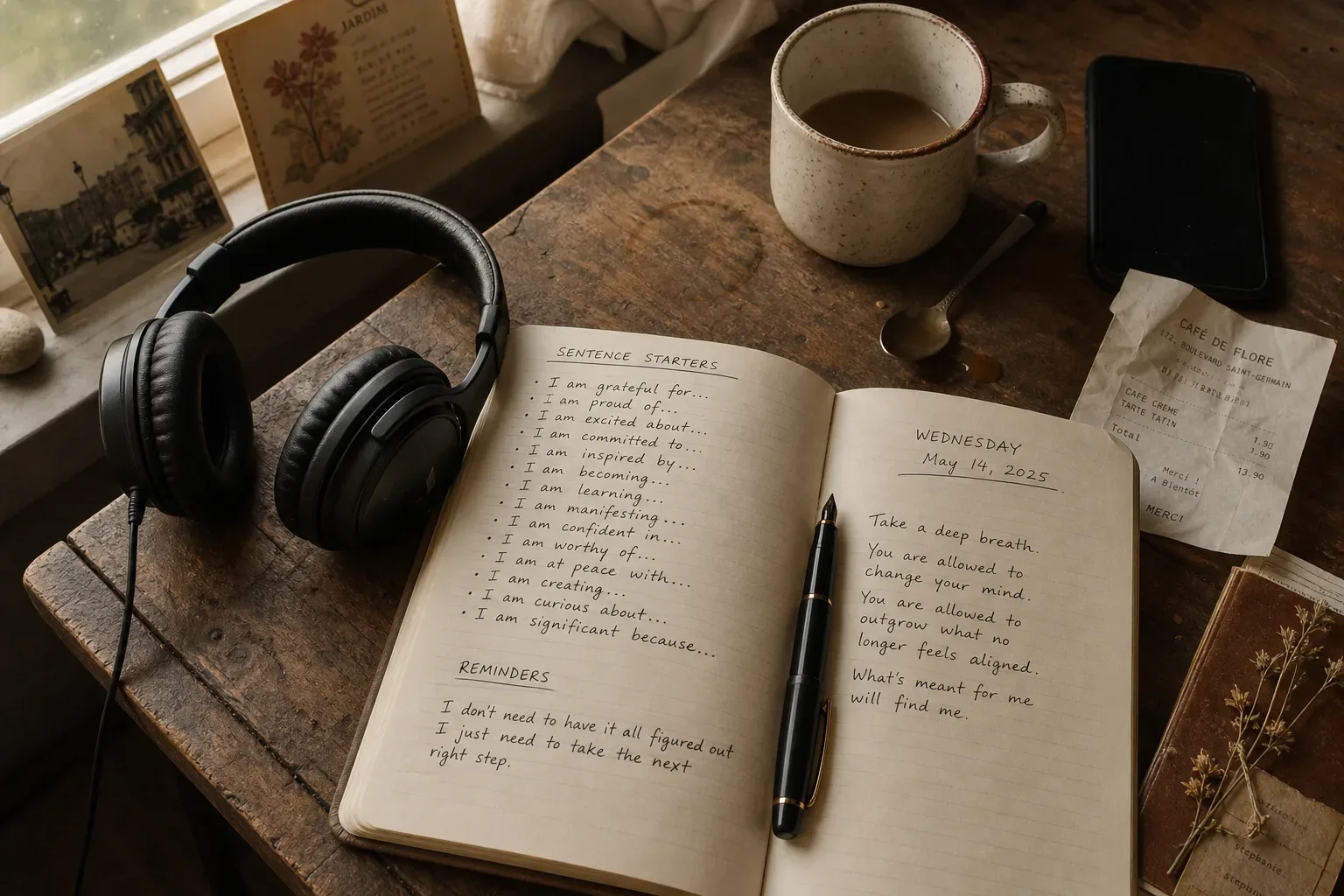 Notebook and headphones beside morning coffee