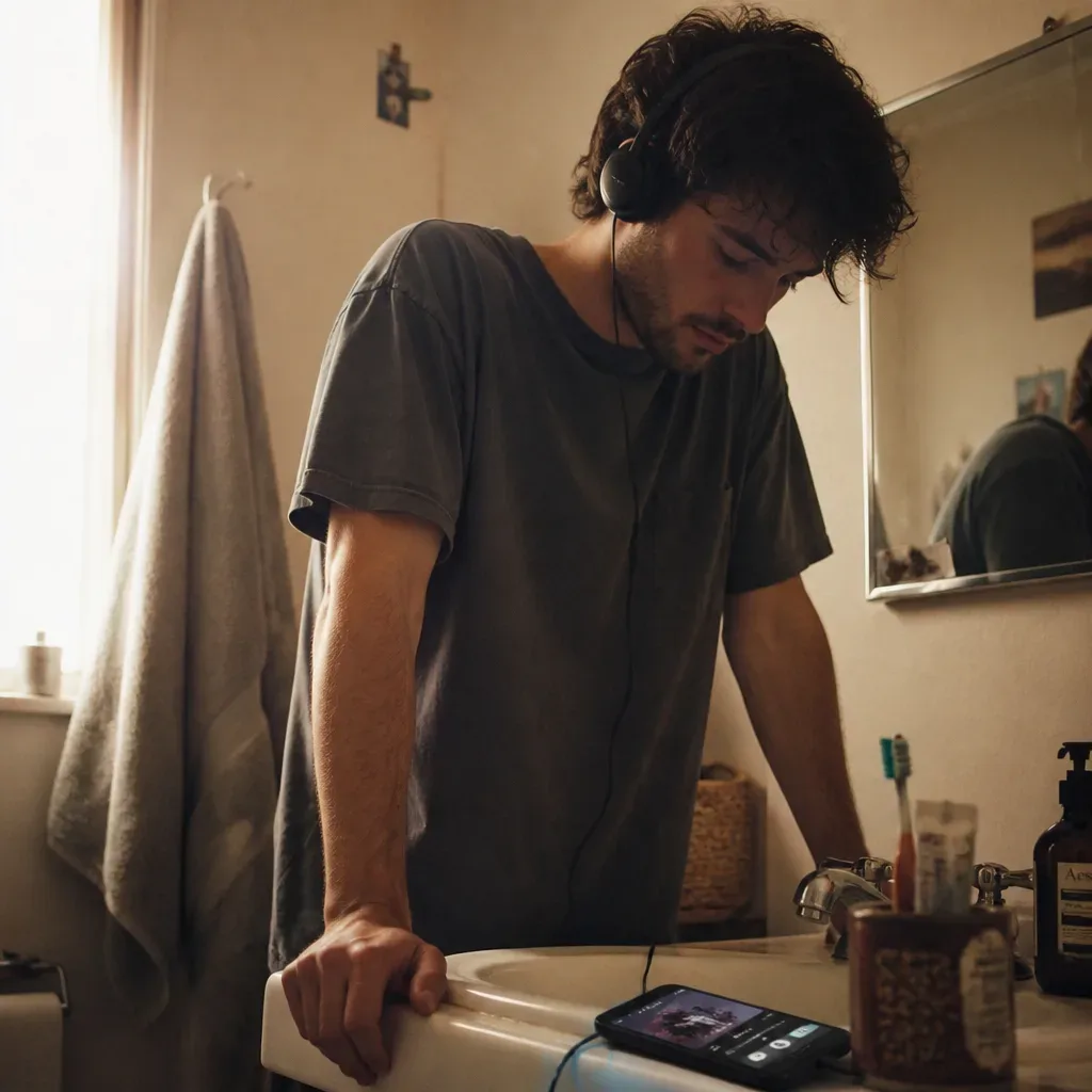 Persona che ascolta un audio al lavandino del bagno