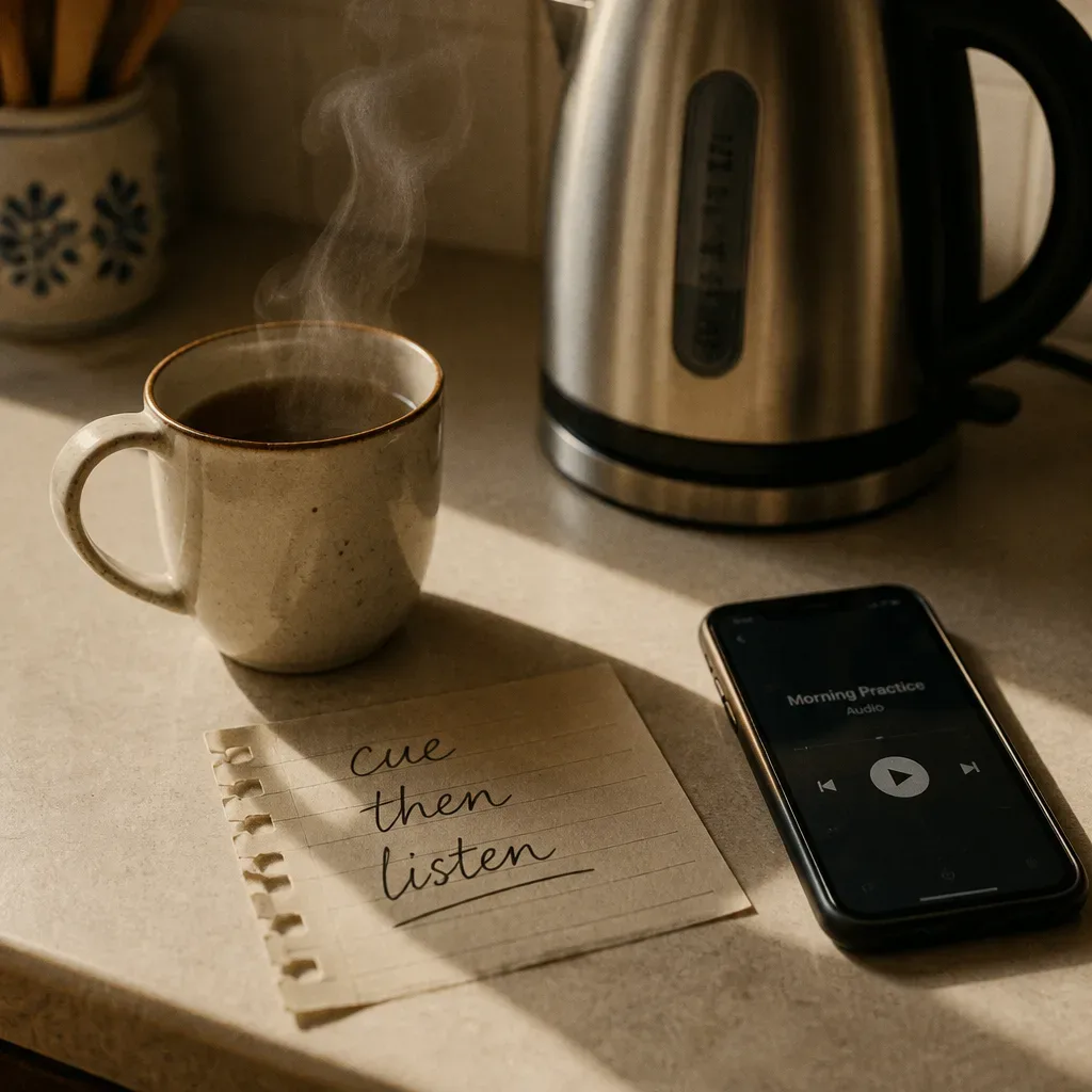 Coffee cue with phone ready for audio