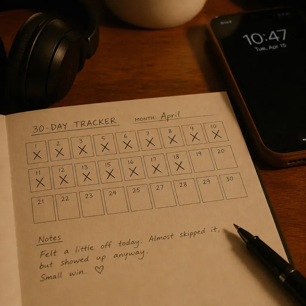 Thirty day tracker beside headphones and phone