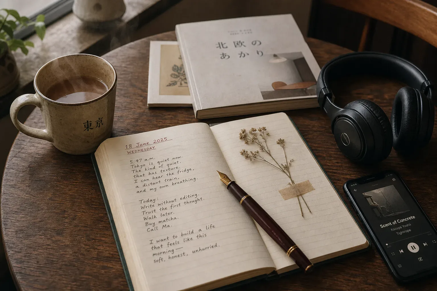 Audífonos junto a un diario y té de la mañana