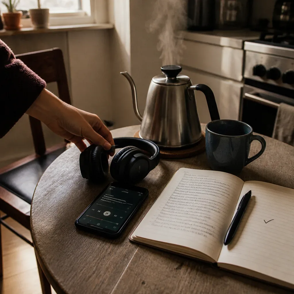 Audífonos colocados junto a la tetera y el cuaderno de la mañana