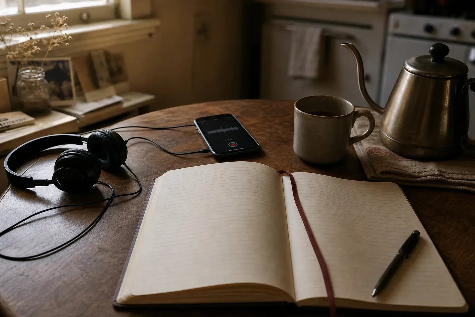 Sabah kahvesinin yanında defter ve telefon