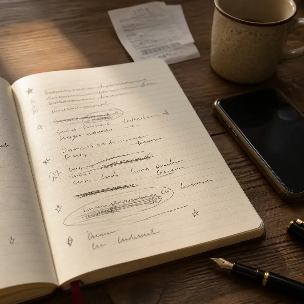 Handgeschriebenes Audio-Skript aus dem Zukunfts-Ich in einem Notizbuch